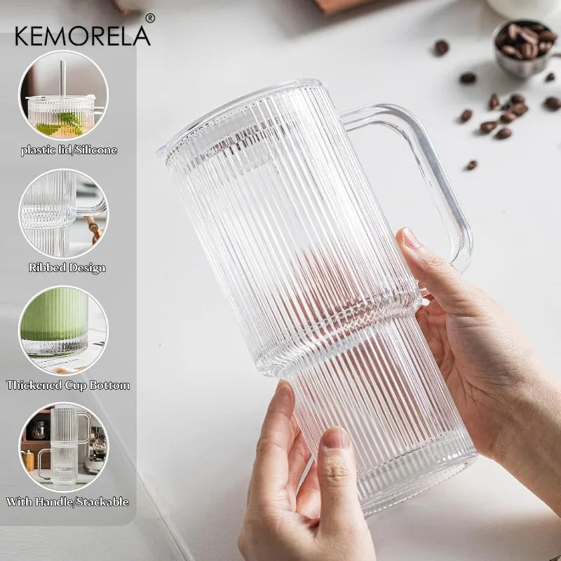 760ml Ribbed Glass Tumbler with Lid & Straw | KEMORELA Set Glass Tumbler Set Axl