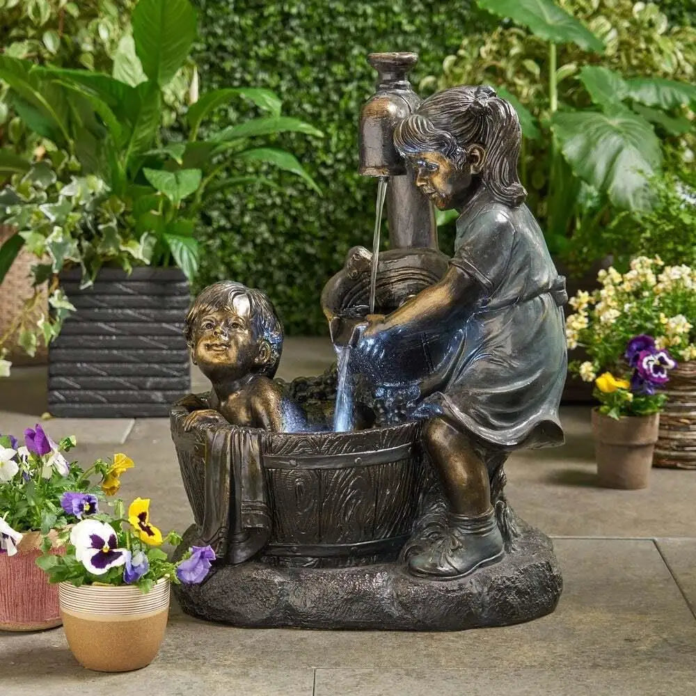 Boy & Girl Water Play Resin Garden Sculpture – 10cm Ornament Garden Sculpture Axl D