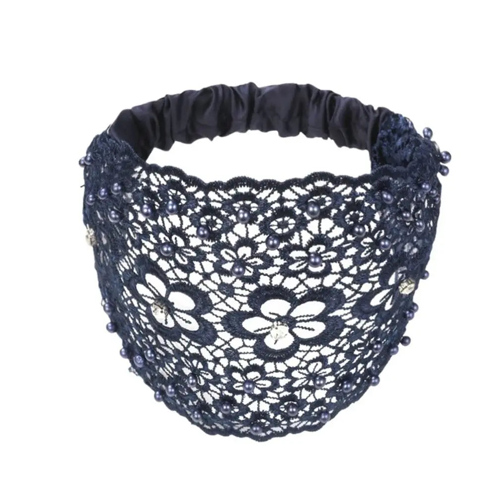 Korean Wide Pearl Lace Headband – Women's Hair Hoop Accessory Fashion Headband Axl navy blue