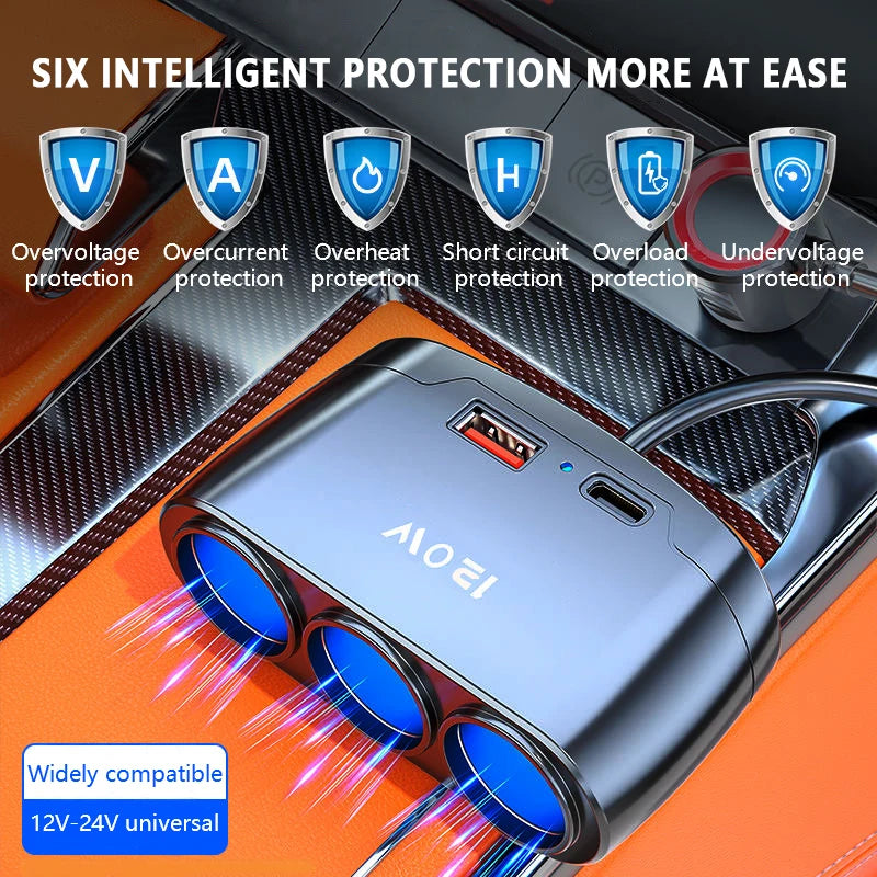 120W Car Charger Adapter – 3-Port USB + PD 12V/24V Universal Car Charger Adapter Axl