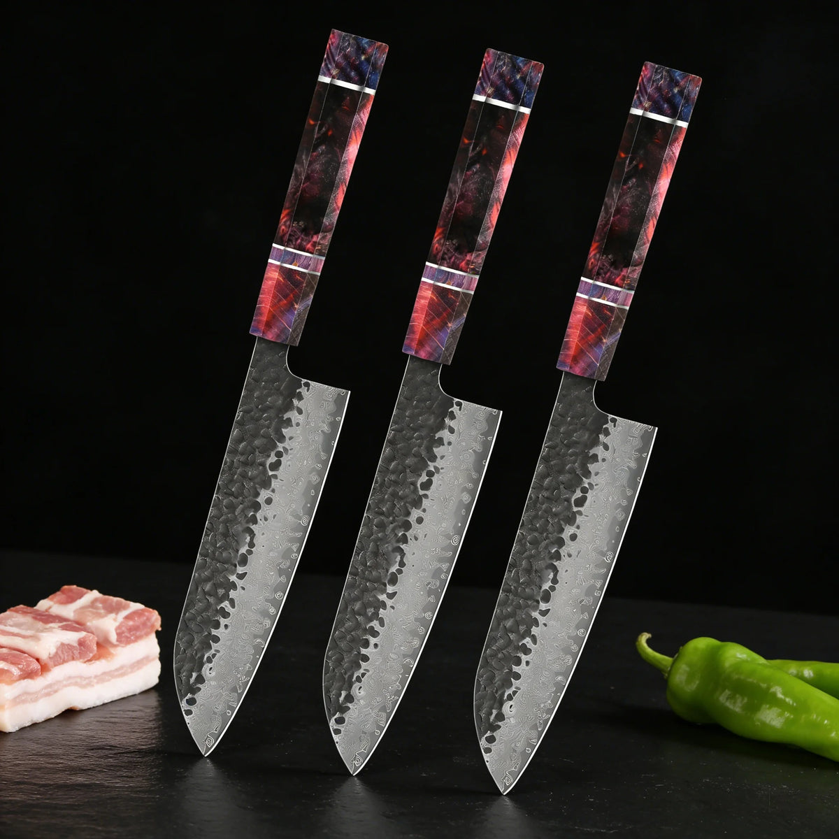67-Layer Damascus Steel Chef Knife Set – Hand Forged Kitchen Knives Damascus Kitchen Knife Set Axl Santoku Knife-3PCS