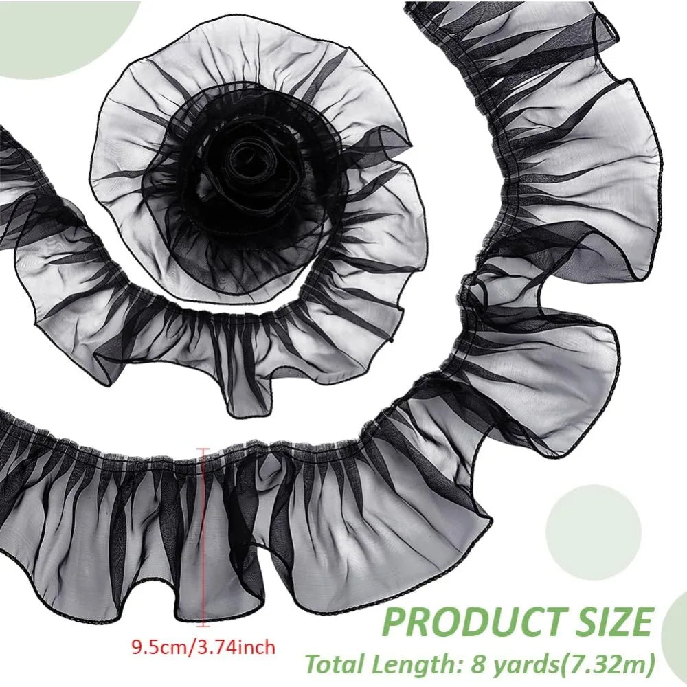 Black Organza Pleated Lace Ribbon Flower Trim 95mm – 8 Yards Decorative Ribbon Trim Axl