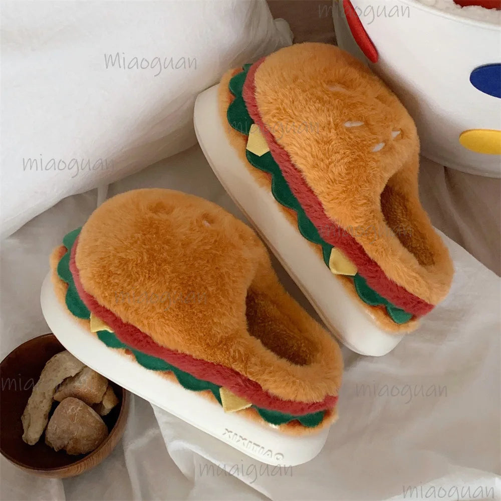 Women's Cartoon Hamburger Plush Platform Slippers | Fluffy Novelty House Slippers Axl YELLOW 44-45