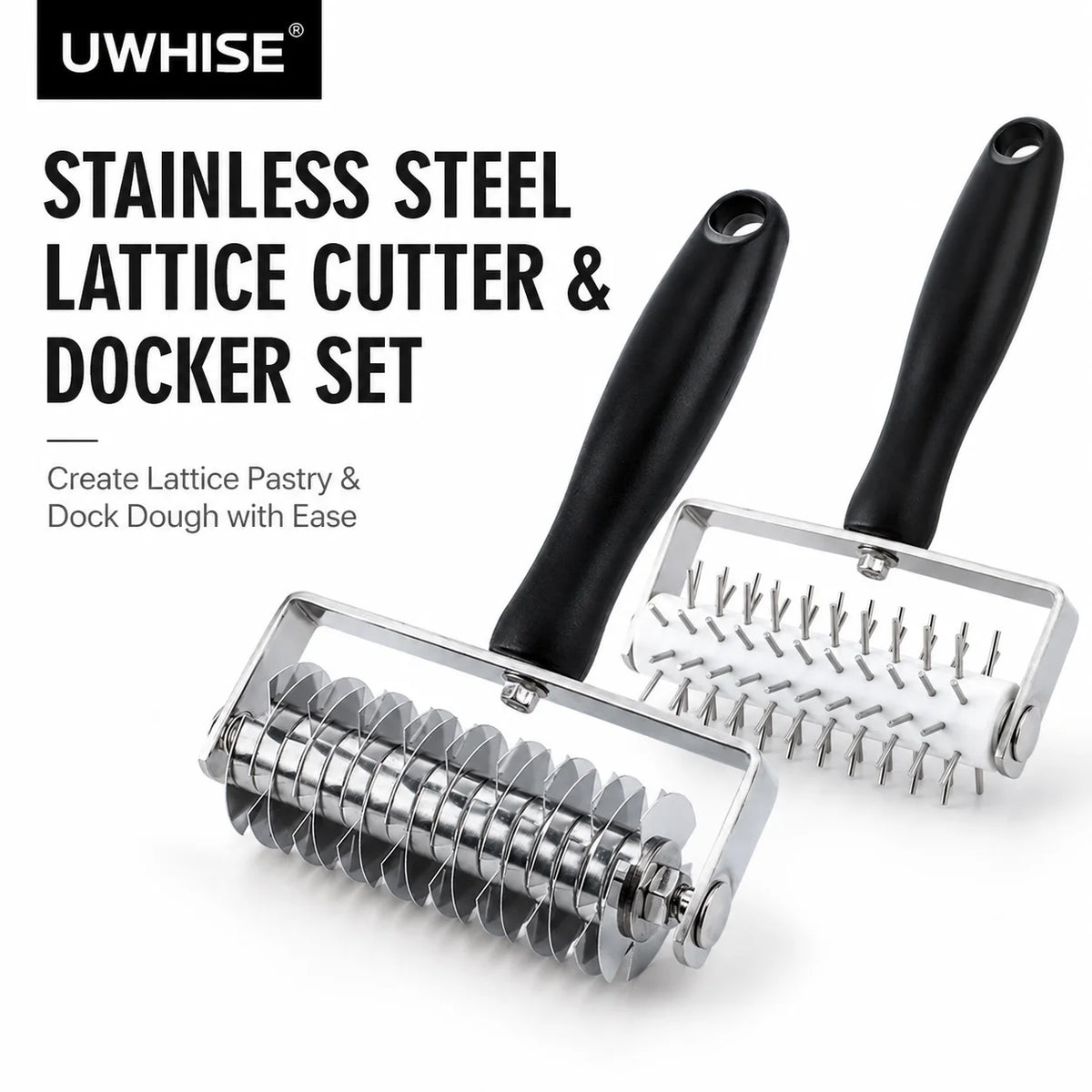 Uwhise Pastry Lattice Roller Cutter & Pizza Dough Docker – Steel Pastry Baking Tool Axl