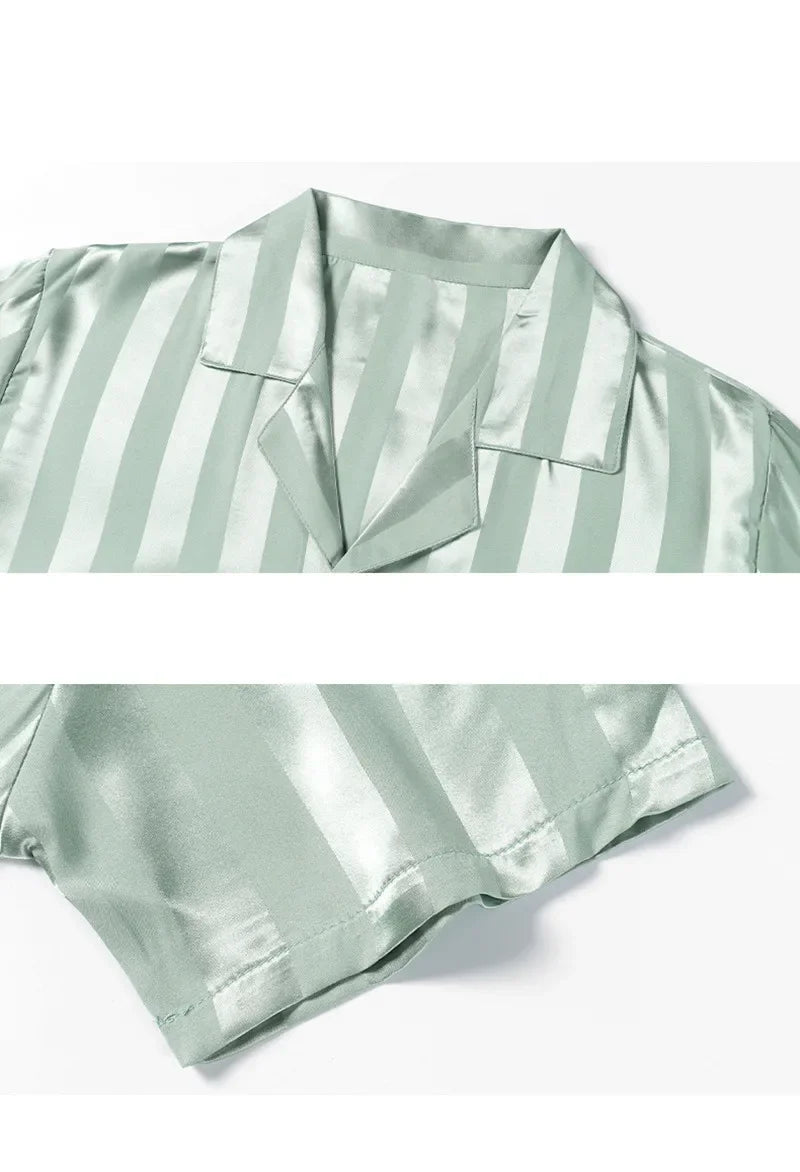 Women's Ice Silk Striped Pajama Set – Long Sleeve Sleepwear Women's Pajama Set Axl
