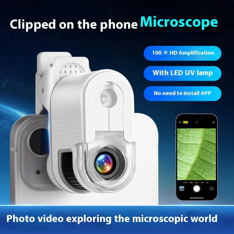 100X Mobile Phone Microscope with UV Purple Light | Clip-On Clip-On Phone Microscope Axl