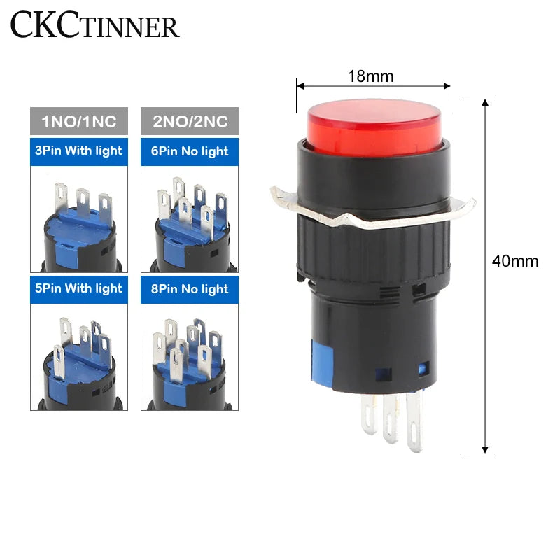LA16 16mm Illuminated Push Button Switch 12V 24V 220V 5A Push Button Switch Axl round-red 2NC2NO No light|Self-locking
