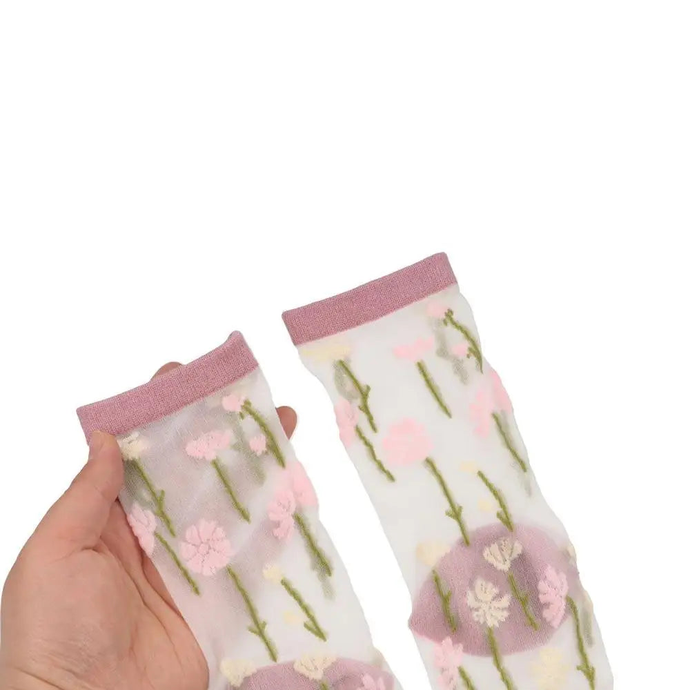 Korean Floral Mesh Tube Socks – Sheer Embroidery Women's Socks Floral Mesh Socks Axl