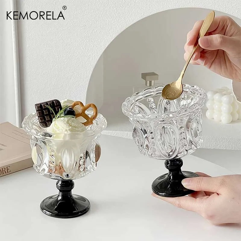KEMORELA Retro Embossed Tall Glass Goblet – Black Crystal Cup Glass Goblet Set Axl