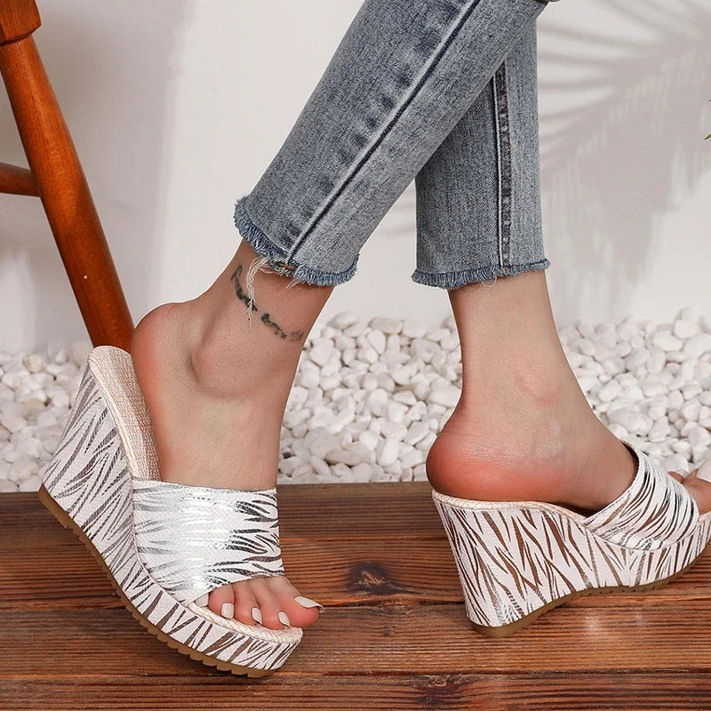 Women's Stripe Wedge Platform Slides | Chunky High Heel Slippers Wedge Platform Slides Axl silver 36