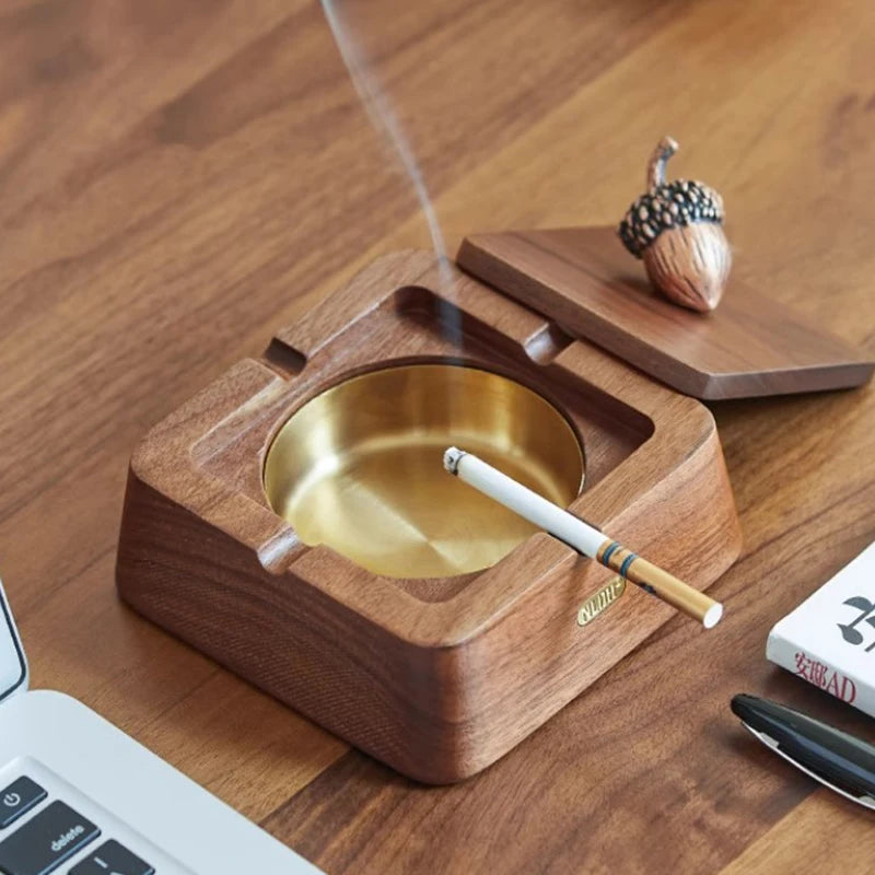 Vintage Wooden Ashtray with Stainless Steel Lid | Home Décor Decorative Ashtray Axl