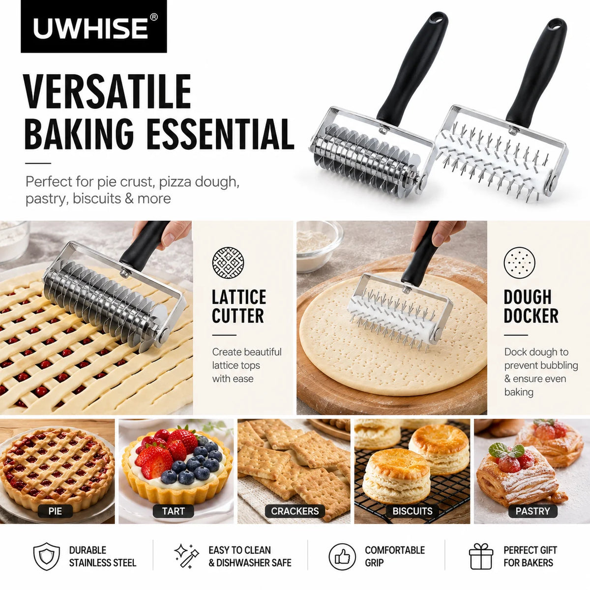 Uwhise Pastry Lattice Roller Cutter & Pizza Dough Docker – Steel Pastry Baking Tool Axl