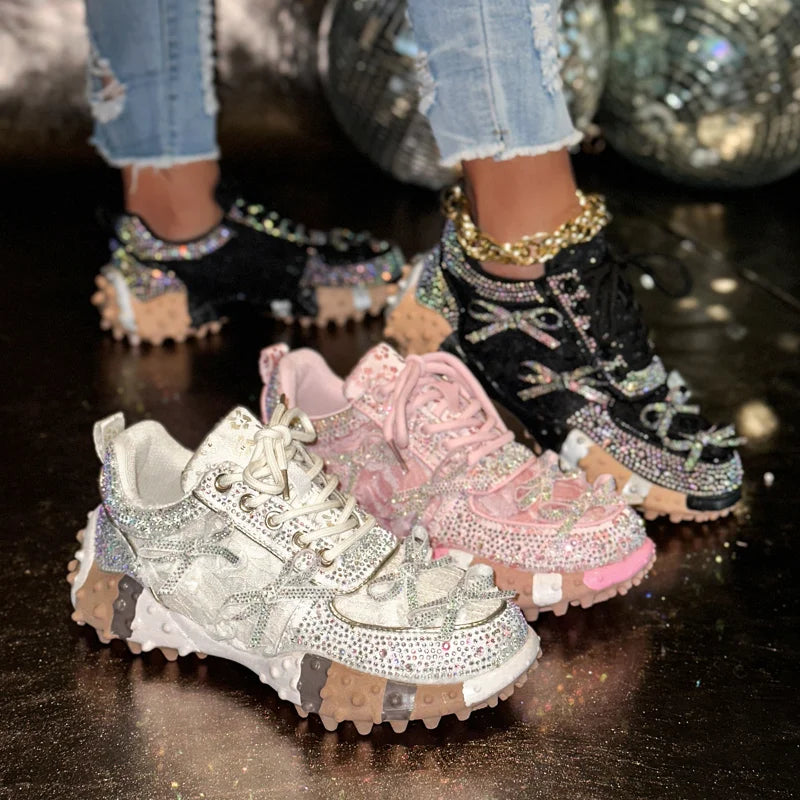 Women's Rhinestone Platform Sneakers – Mesh Bling Casual Shoes Platform Sneakers Axl