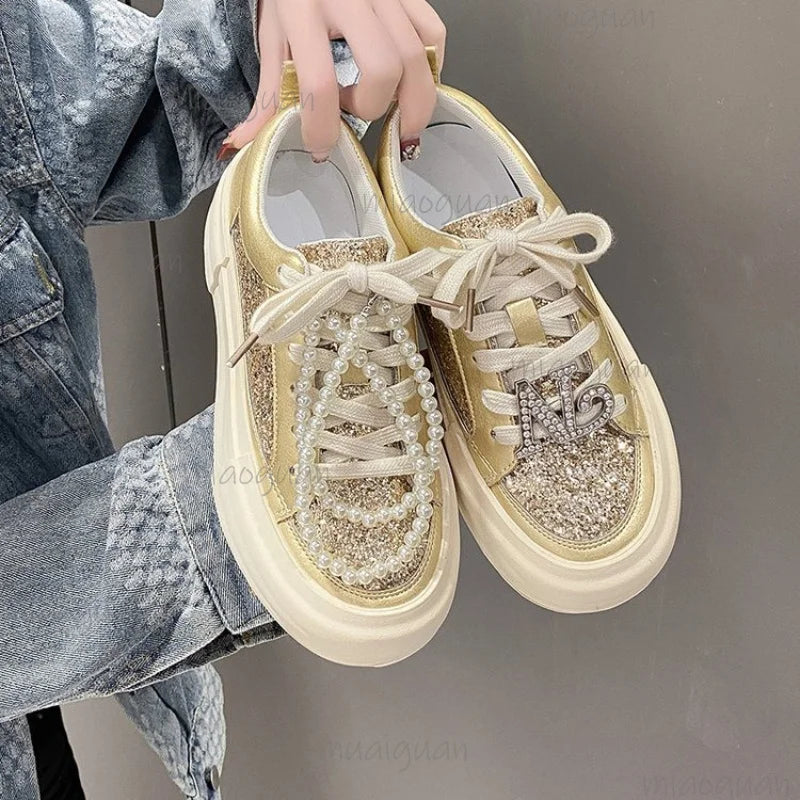 Pearl Decor Women's Sneakers – 4CM Thick Sole, Breathable Women's Sneakers Axl