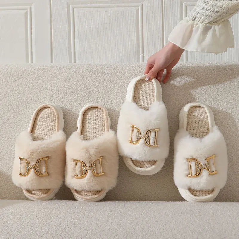 Women's Fluffy Fur Slides Buckle Decor Faux Fur Slippers Fluffy Fur Slides Axl