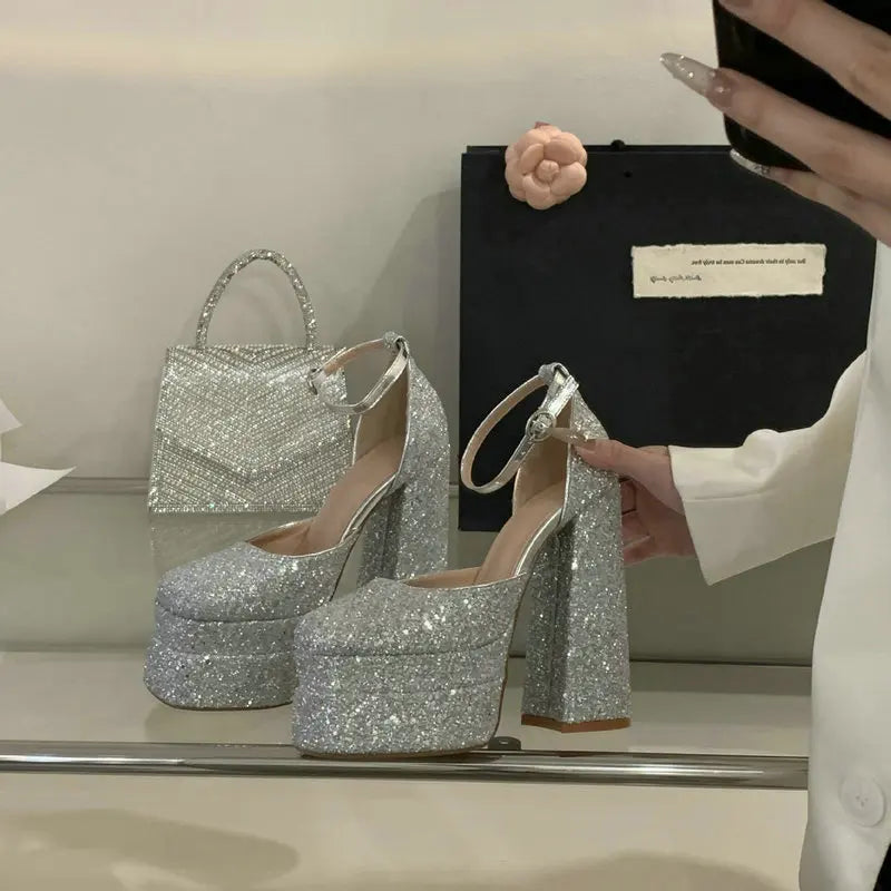 Women's Silver Platform High Heel Sandals | Luxury Party Pumps High Heel Sandals Axl