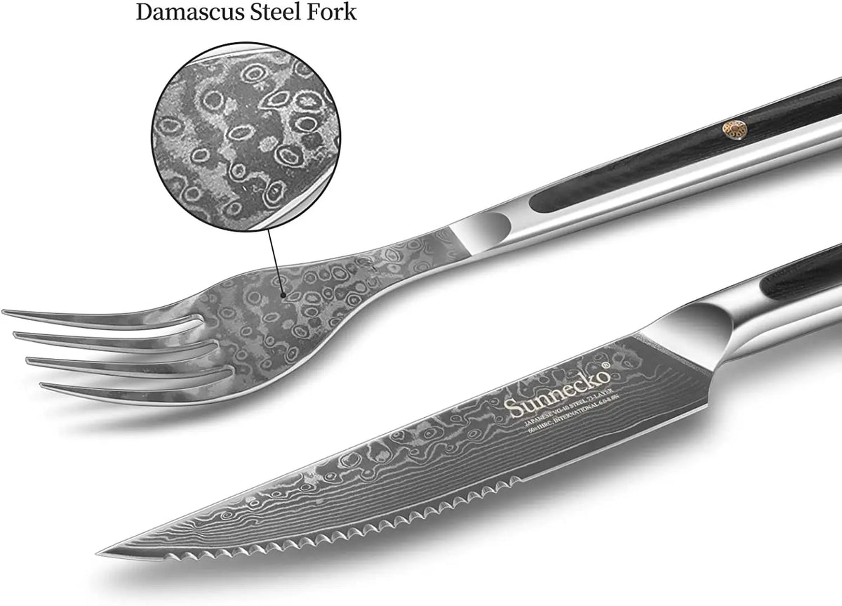 Sunnecko 73-Layer Damascus VG10 Steak Knife & Fork Set Steak Knife Set Axl