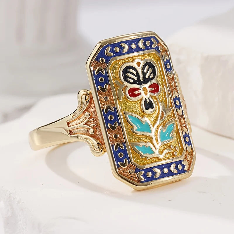 Huitan Gold Vintage Butterfly Floral Enamel Ring for Women Enamel Fashion Ring Axl