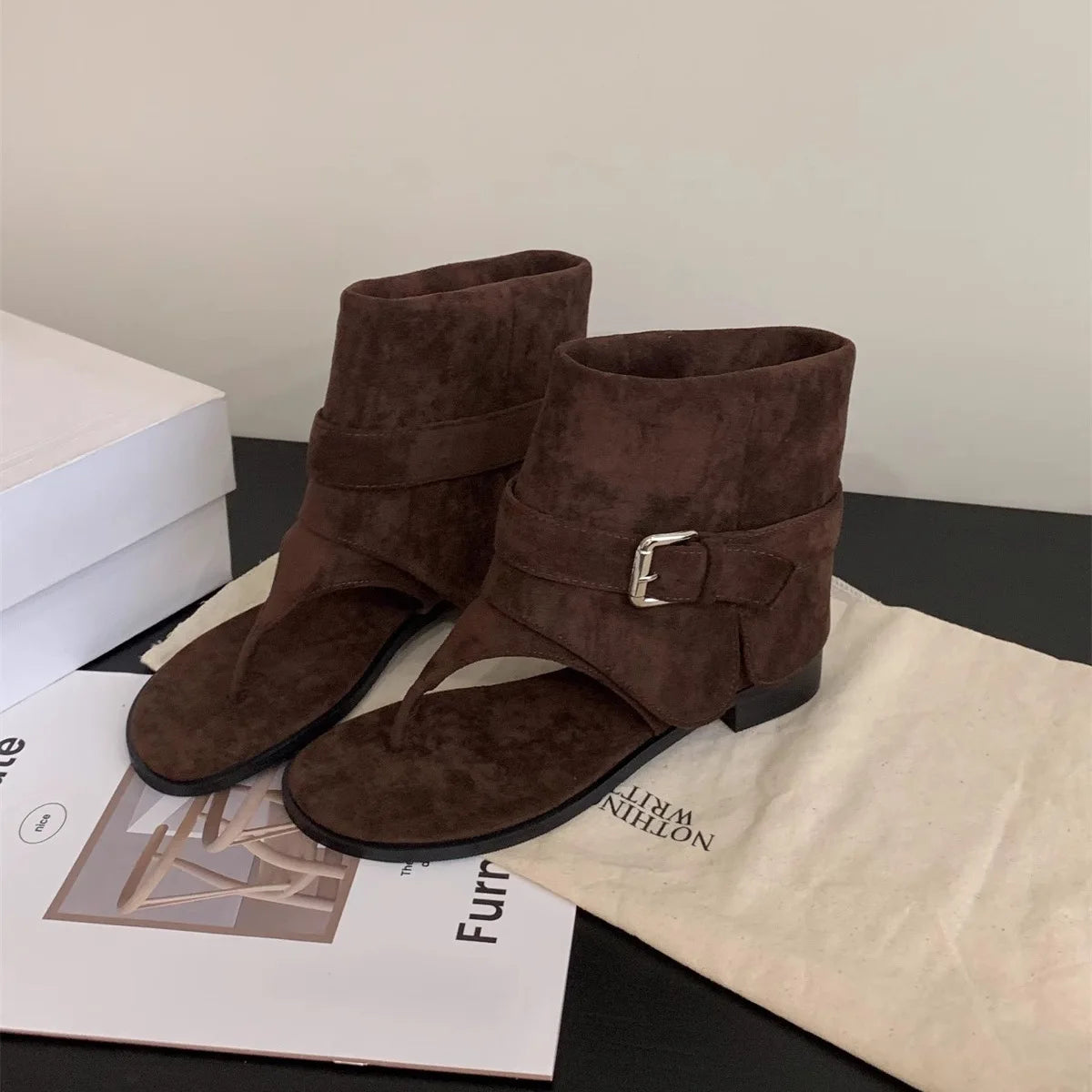 Women's Retro Hollow Ankle Boots – Square Heel Slip-On Sandal Women's Ankle Boots Axl Dark Brown 35