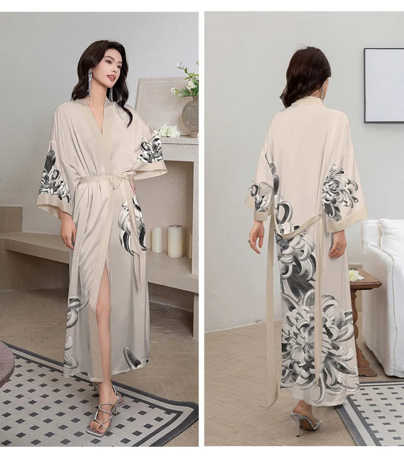 Women's Floral Satin Kimono Robe – Lace-Up Silk Bathrobe Satin Kimono Robe Axl 20 One Size