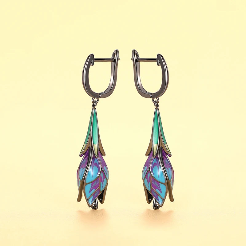 Huitan Black Tulip Flower Dangle Earrings | Women's Jewelry Dangle Drop Earrings Axl