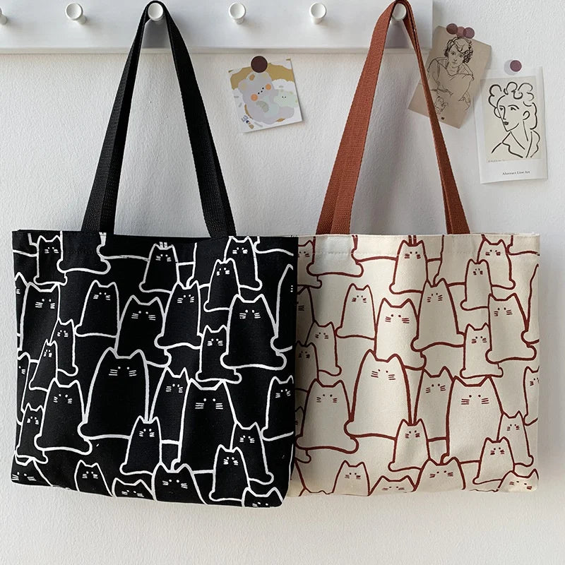 Cute Cat Canvas Tote Bag | Japanese Style Zip Shoulder Bag Canvas Tote Bag Axl