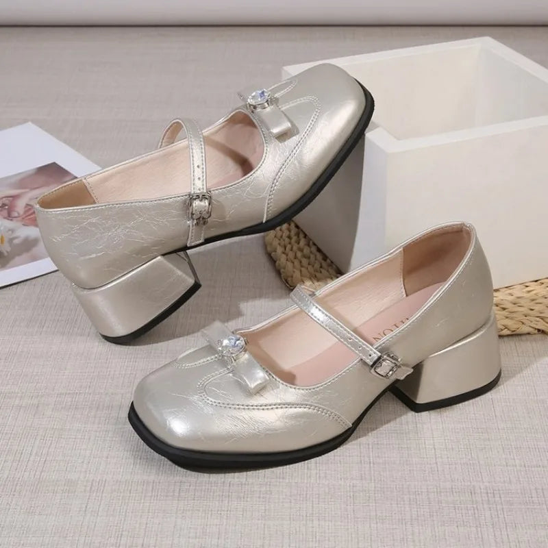Women's Square Toe Mary Jane Flats – Belt Buckle PU Shoes Mary Jane Flats Axl 36 Champagne