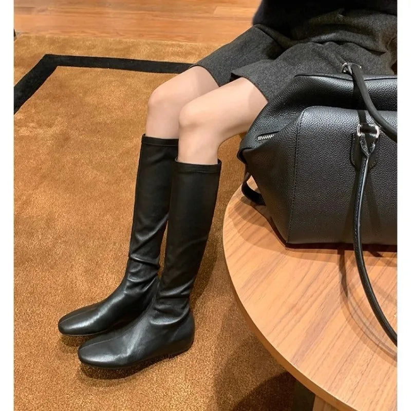 Women's Gothic Punk Knee-High Boots – Slip-On Split Leather Knee-High Boots Axl