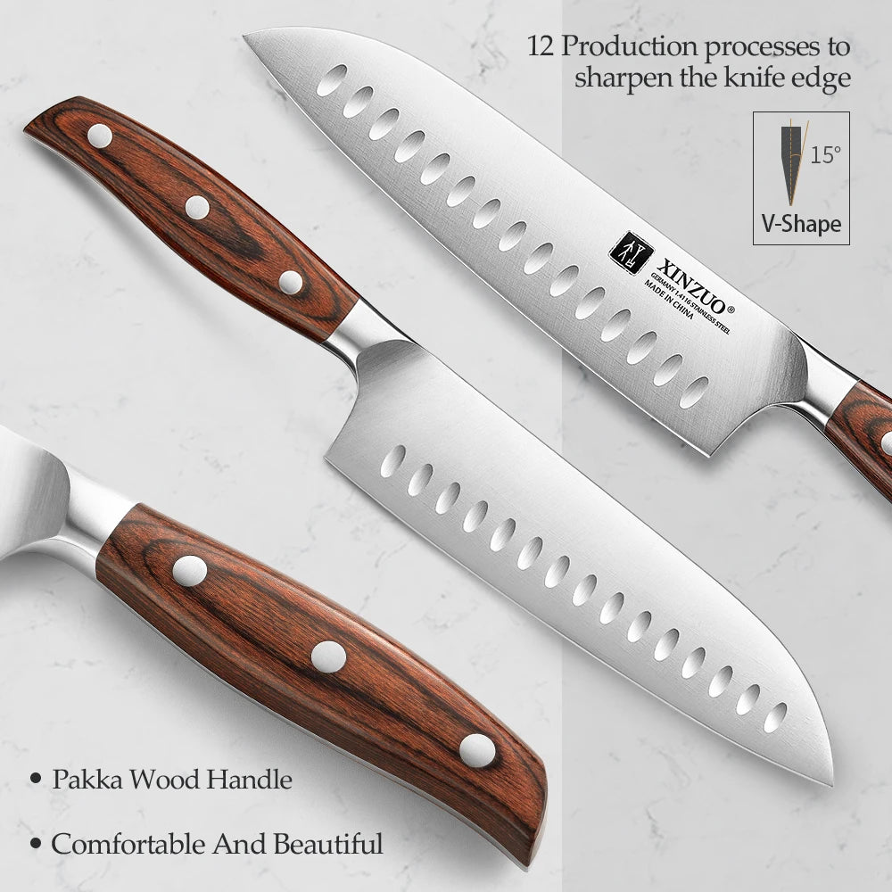 XINZUO 3PC German Steel Knife Set – Santoku, Bunka & Utility Kitchen Knife Set Axl