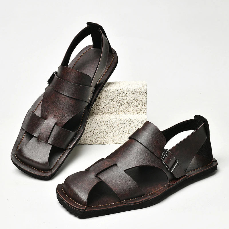 Men's Leather Beach Sandals – Anti-Collision Toe Aqua Shoes Men's Beach Sandals Axl