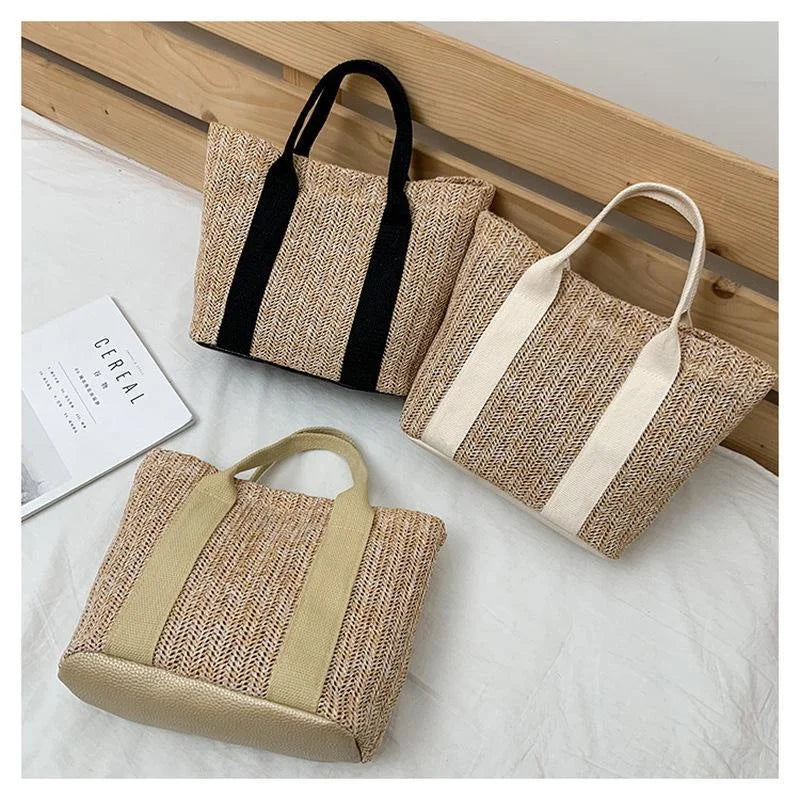 Women's Bamboo Straw Tote Bag – Color Block Zipper Handbag Straw Tote Bag Axl