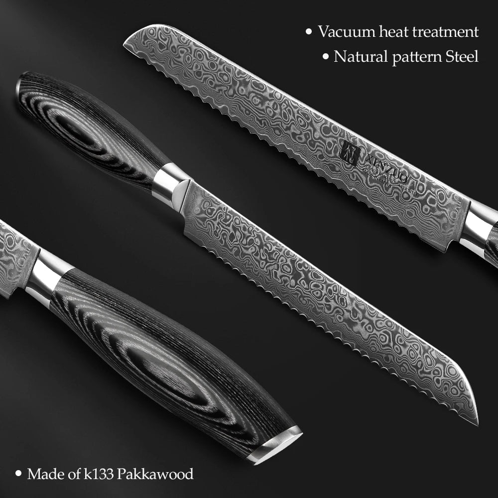 XINZUO 8" Damascus Bread Knife – 67-Layer Steel Pakkawood Damascus Bread Knife Axl
