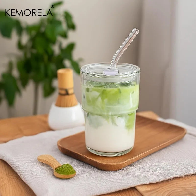 KEMORELA 420ml Glass Tumbler with Straw & Leak-Proof Lid Glass Tumbler Axl