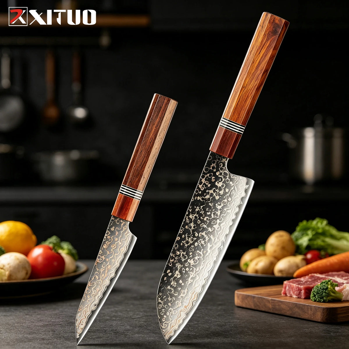 XITUO Damascus Kitchen Knife Set | Rosewood Handle 1–3 PCS Damascus Knife Set Axl 2PCS Knife B