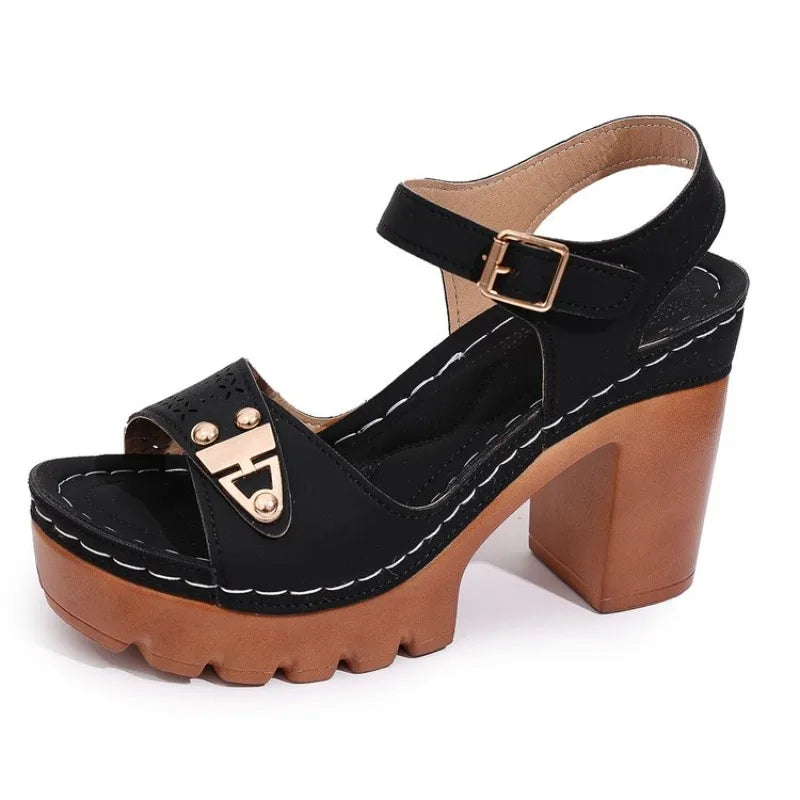 Women's Multi-Strap Block Heel Sandals | Adjustable Buckle Block Heel Sandals Axl