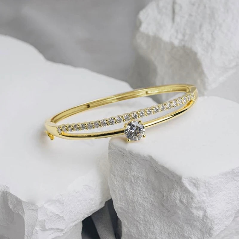 Huitan Cubic Zirconia Bangle Bracelet – Silver & Gold Women Bangle Bracelet Axl XL1470
