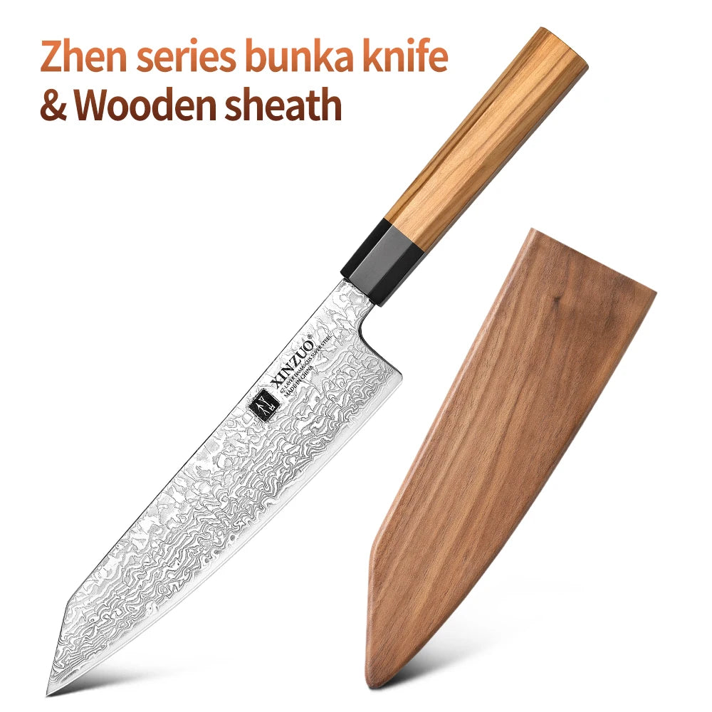 XINZUO 8.5" Damascus Bunka Knife – 67-Layer Kitchen Knife Damascus Kitchen Knife Axl with Wooden Scabbard 8.5 inch