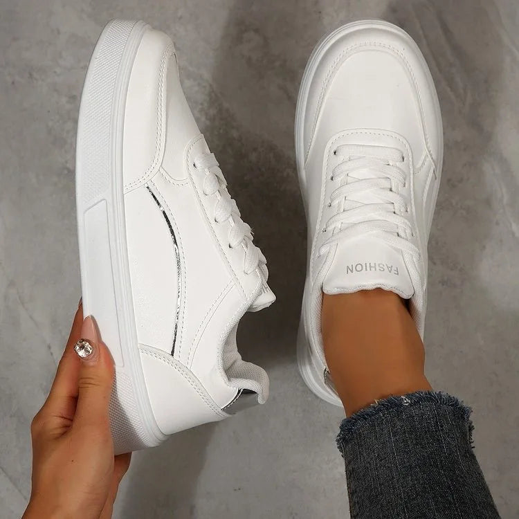YBQJOO Women's Leather Platform Sneakers – Non-Slip Casual Platform Sneakers Axl white silver 43