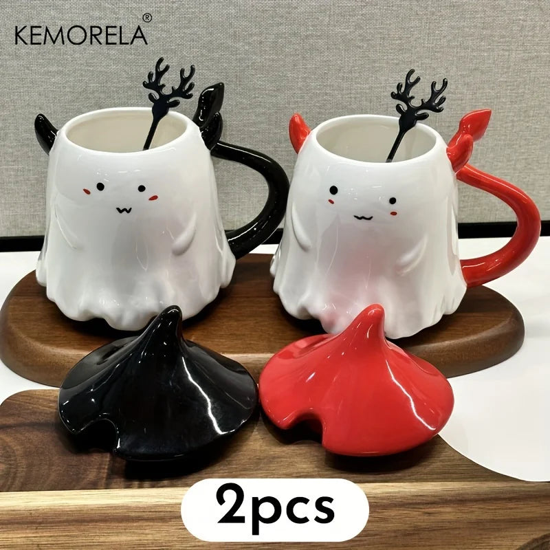 KEMORELA Halloween Ceramic Mug with Lid & Spoon 470ml Ceramic Coffee Mug Axl 2PCS 300ml