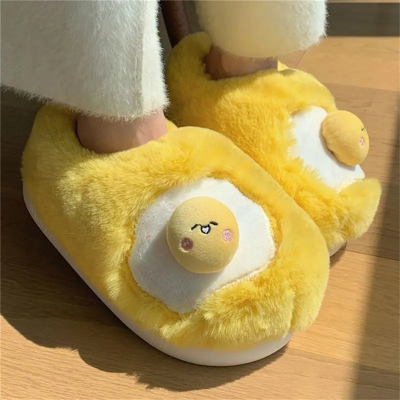 Fried Egg Plush Slippers – Novelty Fleece Indoor Slides Women Novelty Plush Slippers Axl
