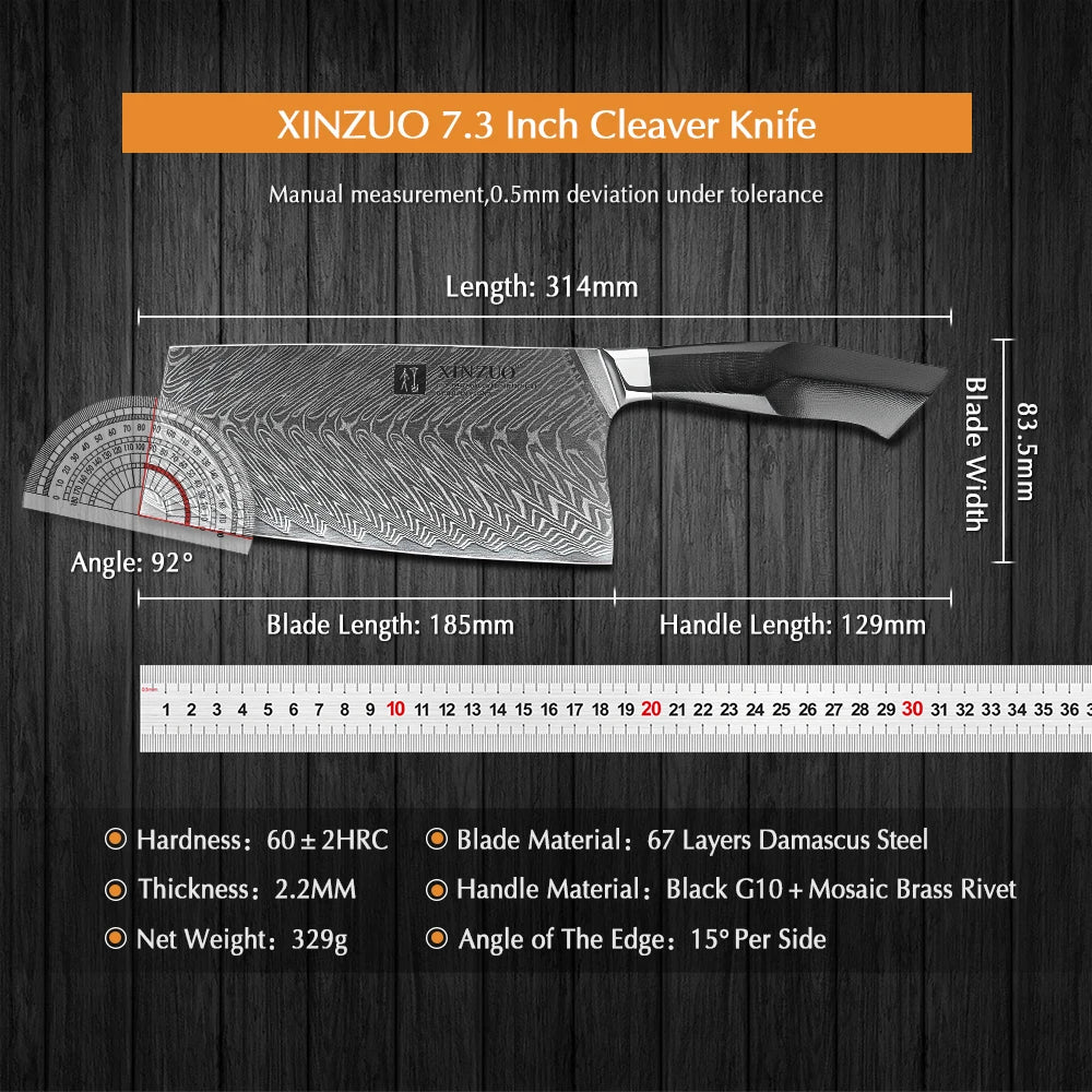 XINZUO 7.3" Damascus Steel Cleaver Knife – 67-Layer G10 Handle Damascus Cleaver Knife Axl