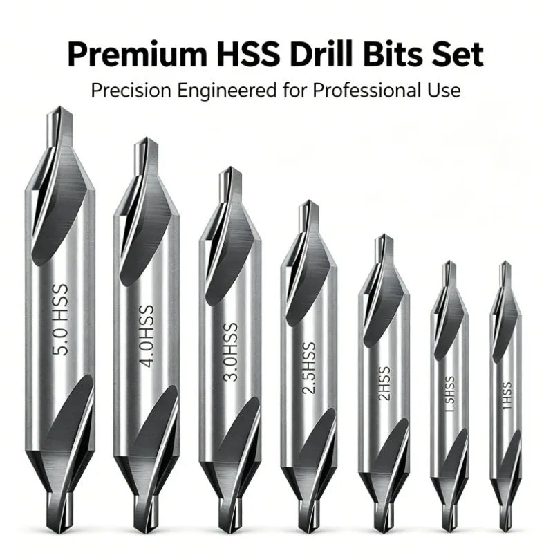7-Piece 60° HSS Center Drill Bits Set for Lathe & Metalworking Center Drill Bit Set Axl