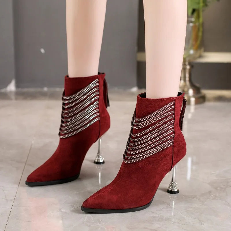 Women's Rhinestone Chain Ankle Boots – Pointed Toe High Heels Ankle Boots Axl