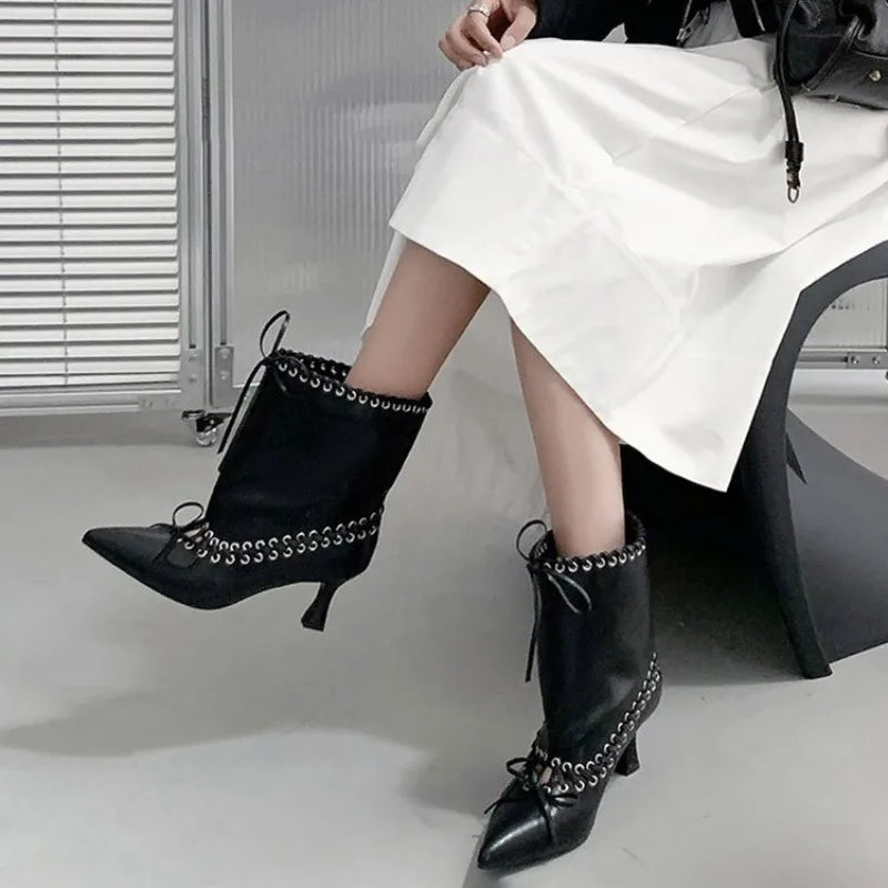 Women's Pointed Toe Kitten Heel Ankle Boots – Bowknot Kitten Heel Booties Axl