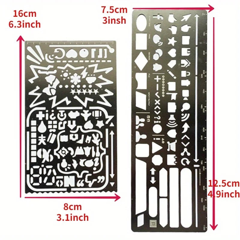 2pc Vintage Stainless Steel Hollow Stencil Ruler Set – DIY Journal Stencil Ruler Set Axl
