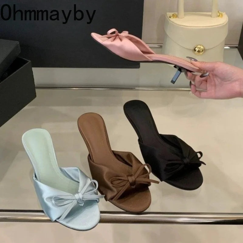 Satin Butterfly-Knot Women's High Heel Slippers | Clip Toe High Heel Slippers Axl