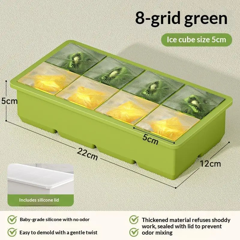 Large Silicone Ice Cube Tray with Leak-Proof Lid | Easy Release Silicone Ice Tray Axl 8 Grids Green