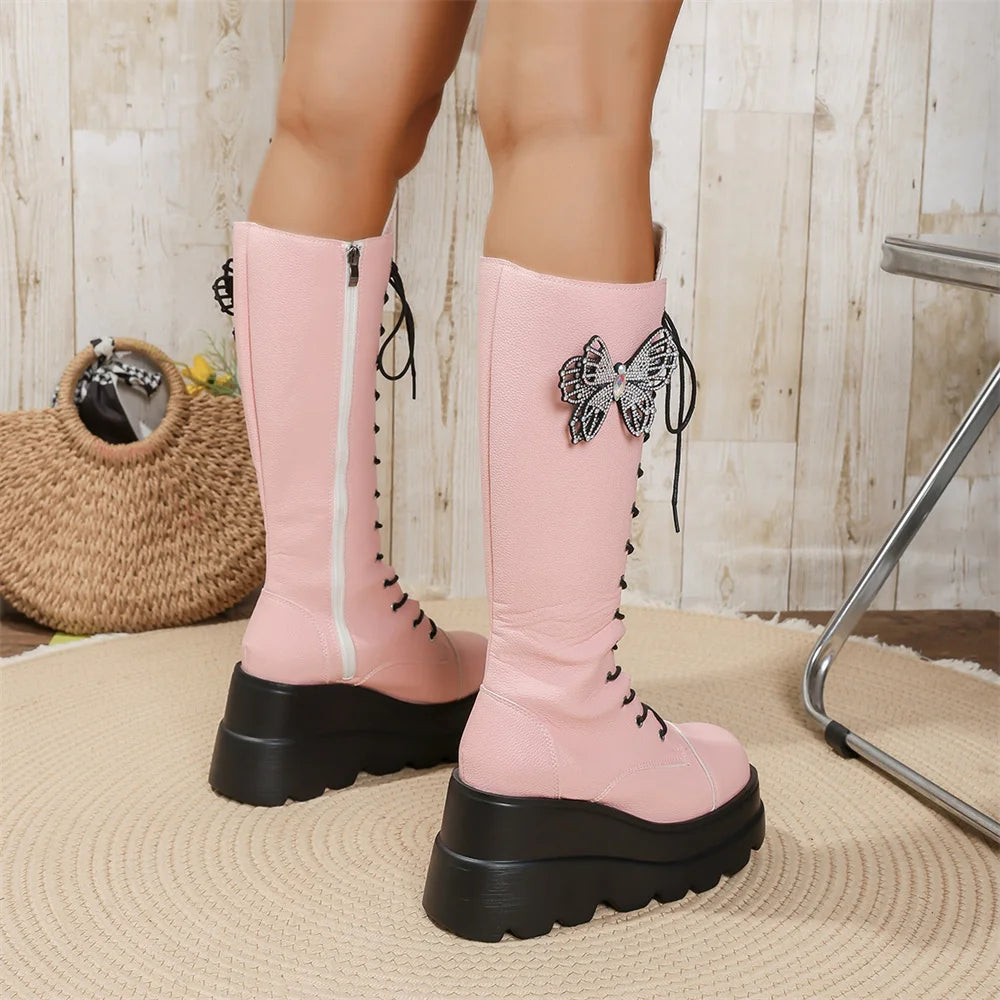 Y2K Pink Butterfly Knee-High Platform Wedge Boots Women Platform Wedge Boots Axl