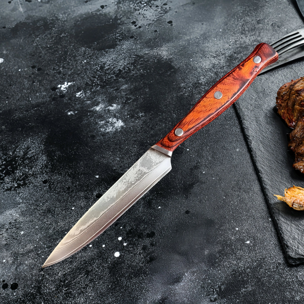 67-Layer Damascus VG10 Steak Knife – Wood Handle & Sheath Damascus Kitchen Knife Axl