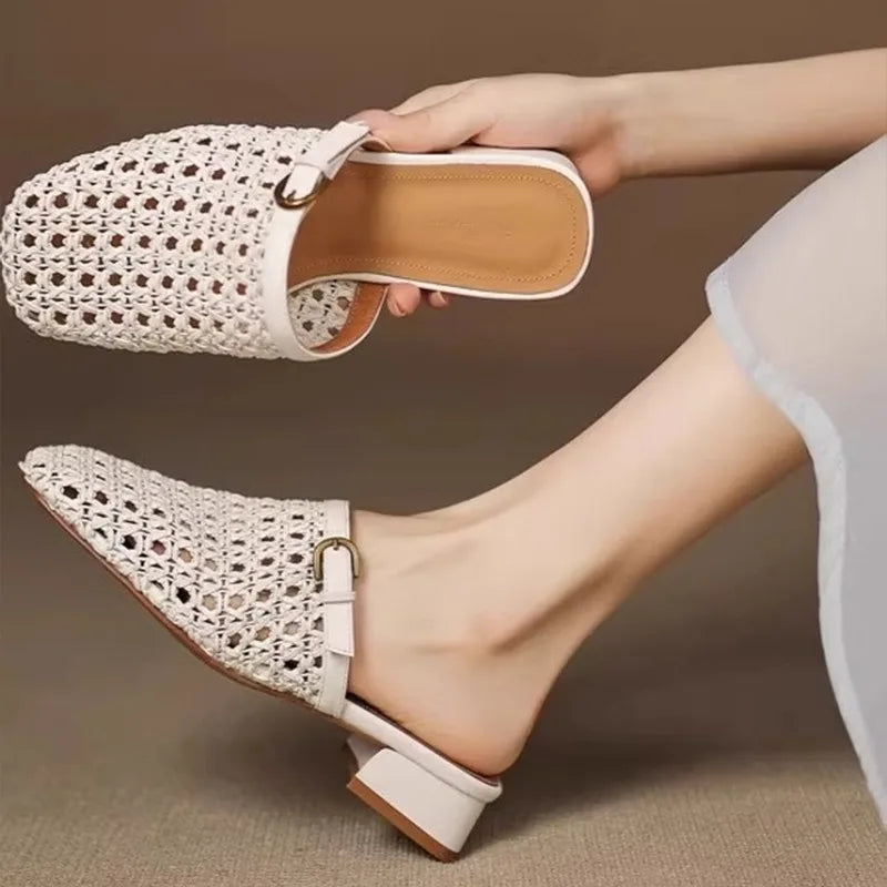 Women's Woven Square Toe Slippers – Breathable Summer Mules Women's Slippers Axl 36 beige